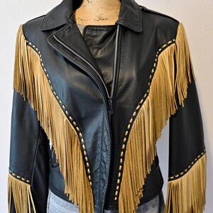 Ladies Stylish Custom Ladies Black Soft Leather and Tan Fringe Jacket Medium